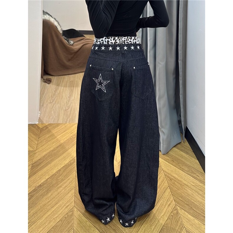 黑色豹纹拼接假两件牛仔裤裤子女款2025冬季新款辣妹星星印花长裤,男装牛仔裤,星座1210-1