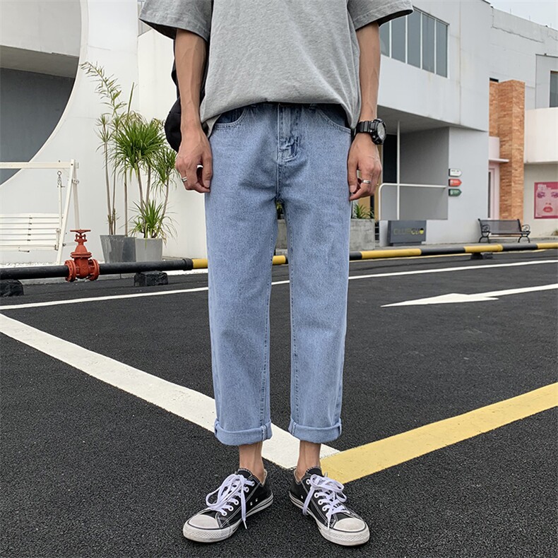 N183P55新款港风坠感阔腿牛仔裤休闲百搭宽松直筒哈伦九分裤,男装牛仔裤,电商D321A