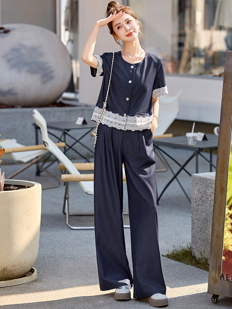 今年流行蕾丝拼接套装女2025春夏新款气质小香风上衣阔腿裤两件套,女装套装/套裙,众宇琦