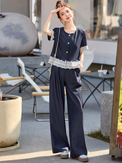 今年流行蕾丝拼接套装女2025春夏新款气质小香风上衣阔腿裤两件套，女装套装/套裙，众宇琦