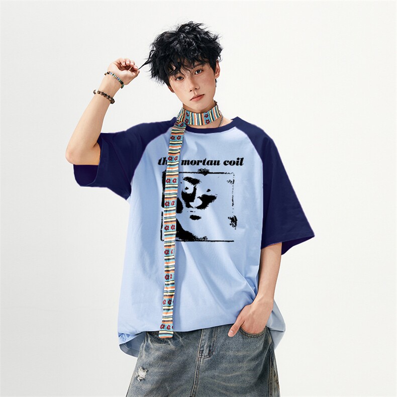 抖音得物高品质二开240克宽松纯棉美式潮牌插肩袖拼接短袖T恤,男装T恤,电商A486