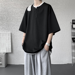 8XL-M重磅斜纹假两件短袖t恤男夏季薄款宽松大码半袖体恤DT006P45