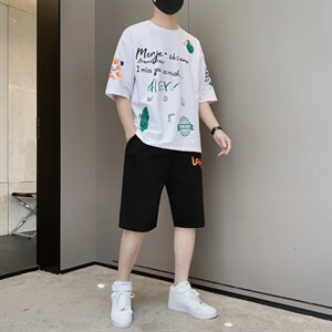 夏季新款短袖T恤套装青少年休闲宽松潮流两件套男装F310P58，男装休闲套装，电商A086