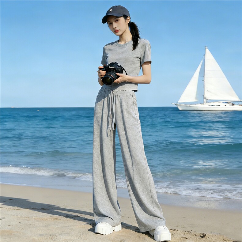 休闲运动套装女夏新款减龄显瘦圆领灰色短袖上衣高腰阔腿裤两件套,女装套装/套裙,江南
