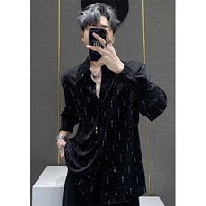 男士时尚潮流休闲百搭烫钻宽松衬衫男纯色长袖衬衣CK226，男装衬衫，星座1116A（原606A-3）