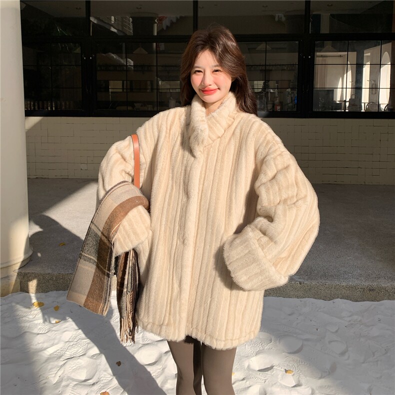 杏色慵懒风仿水貂毛立领外套女2025冬新款高级感保暖厚实皮毛一体,女装皮草,2C159