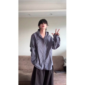 档口现货~纯棉小格子连帽男女夏季防晒长袖衬衫外套 C2500批58图片