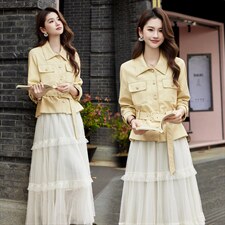 现货2026年春季新款女时尚潮流优雅风小外套皮衣蕾丝半身裙两件套，女装套装/套裙，奋斗女王