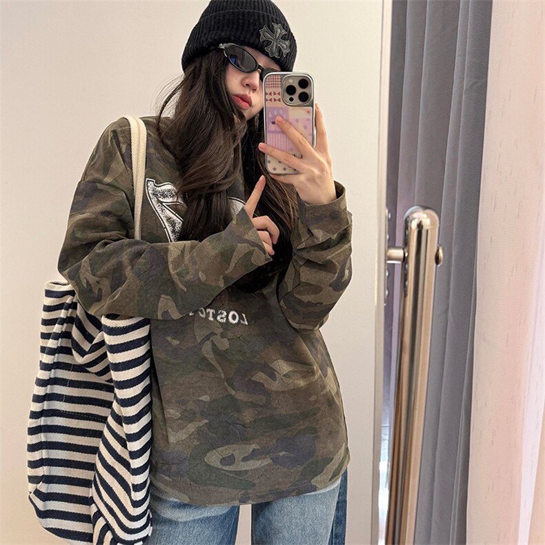 美式复古迷彩印花长袖宽松潮牌T恤LY96-P43，男装T恤，星座610A-1