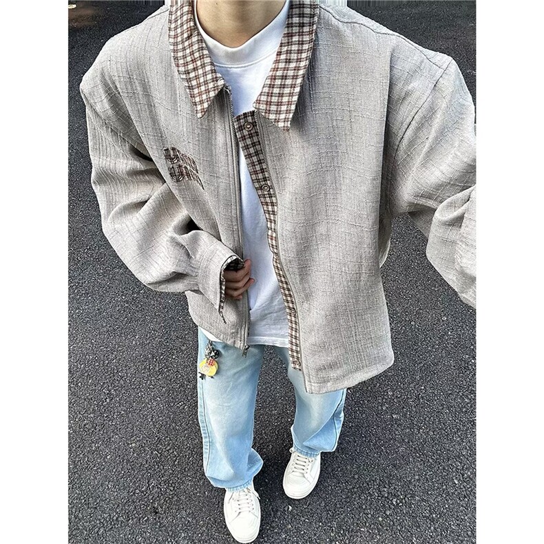 J619-P68春秋复古美式豹纹翻领拼接牛仔外套高街夹克男潮上衣，男装工装外套，电商B323A