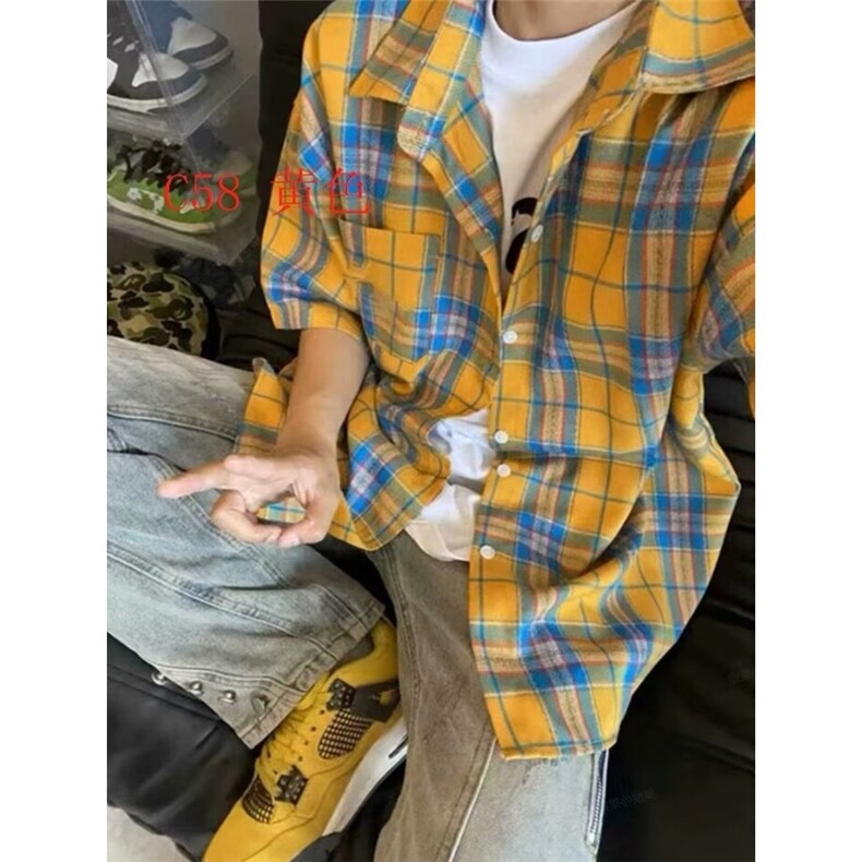 美式复古黄色格子短袖衬衫男vintage潮牌夏季薄款衬衣高级感外套图片