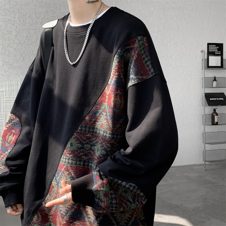 8XL-M民族风拼接卫衣大码胖子费尔岛上衣圆领复古外套WY5106/P55图片
