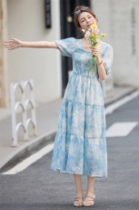 2025夏季新款刺绣印花高级感连衣裙，女装连衣裙，1C078