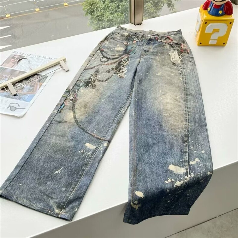 现货重磅高街链条挂坠印花做旧牛仔裤男潮流宽松直筒慵懒风长裤,男装牛仔裤,星座218-1（原230）