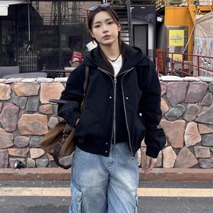 时尚美式假两件连帽工装夹克外套男女2025春季新款日系宽松上衣图片