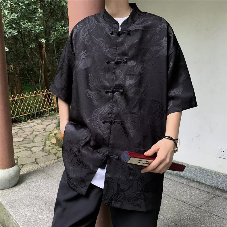 2023唐装麻男民风暗迷彩中式阔版潮盘扣衬衫短袖CY461-P39图片