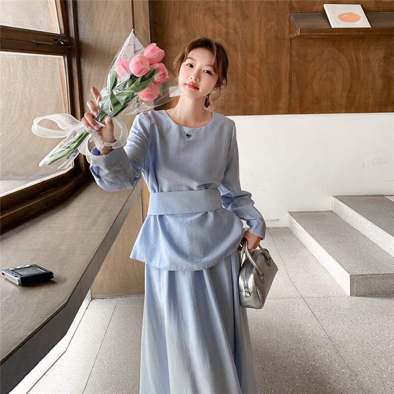 法式小香风千金感时尚套装女2025春季新款绑带衬衫半身长裙两件套图片