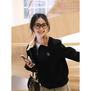 美式复古格子拼接牛仔外套男女2025春秋冬新款设计高级感工装夹克图片