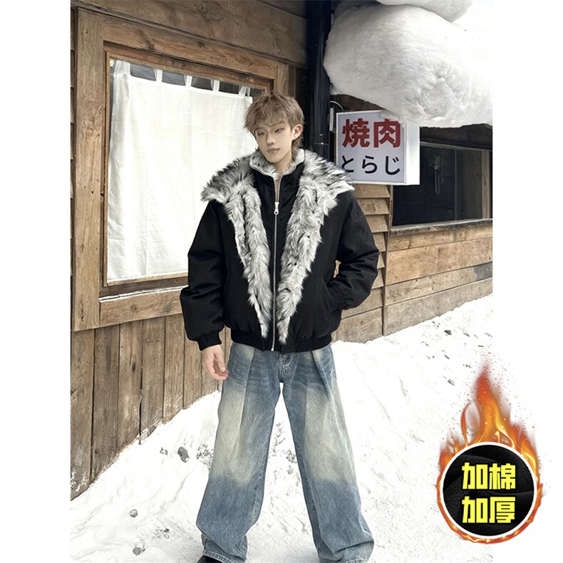 现货高品质美式高街重磅狼王座山雕毛毛领假两件棉衣加厚棉服外套,男装棉衣,电商A486-1