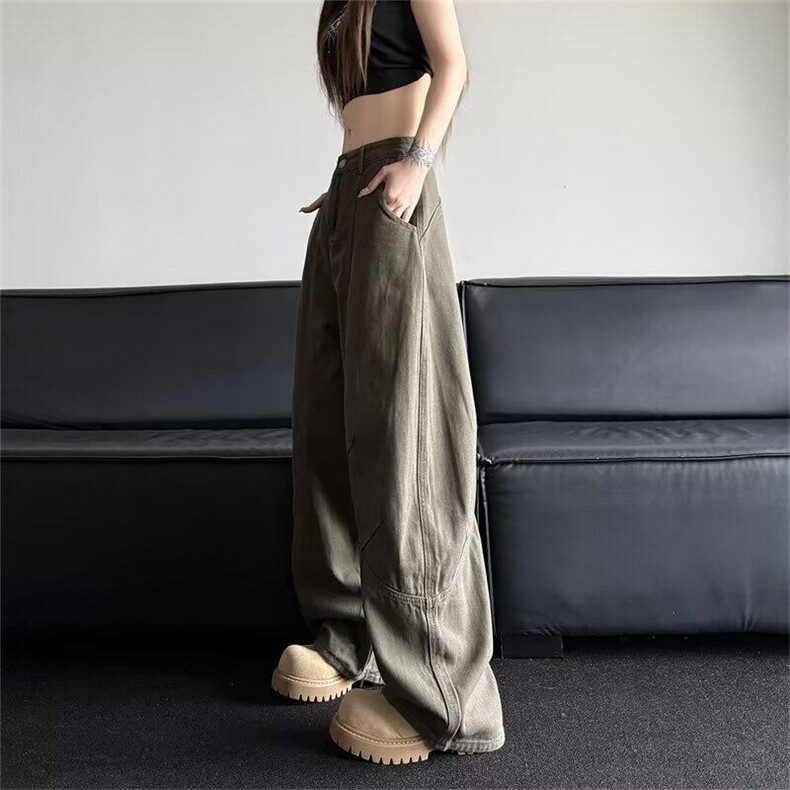 美式复古廓形设计感弯刀牛仔裤男女2025新款街头vibe风松弛拖地裤,男装牛仔裤,星座506A