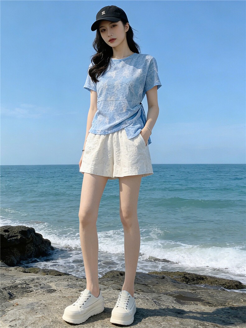 女夏新款时尚减龄套装圆领侧绑带晕染设计短袖上衣蕾丝短裤两件套,女装套装/套裙,江南