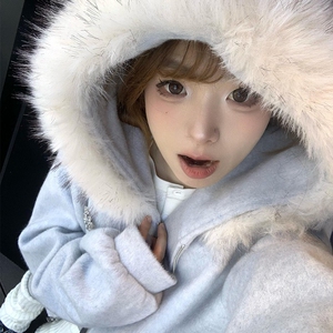 甜美学院慵懒风蓬松毛领连帽开衫卫衣女秋冬新款时尚简约百搭外套图片