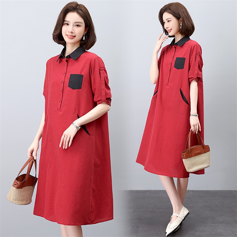 纯棉2025新款洋气遮肚减龄裙子女宽松贵夫人妈妈时髦连衣裙，女装连衣裙，江忆布依