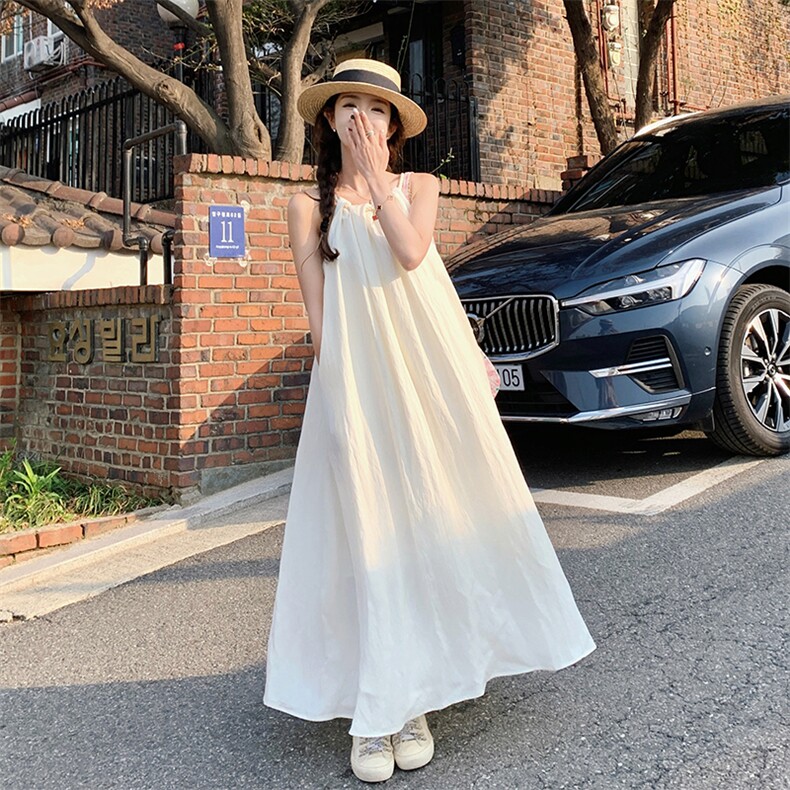 挂脖领露肩无袖连衣裙女夏2024新款设计感麻绳慵懒宽松显瘦长裙子,女装连衣裙,诺蝶