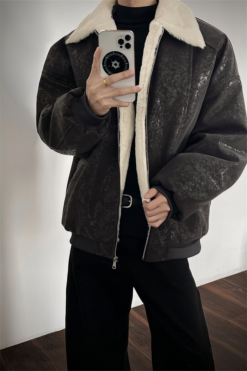 蛇纹亮面棉服加厚毛领复古休闲夹克皮衣男D51221-TP80158,男装夹克,电商A102