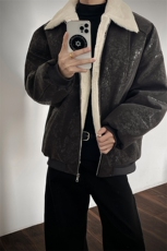 蛇纹亮面棉服加厚毛领复古休闲夹克皮衣男D51221-TP80158，男装夹克，电商A102
