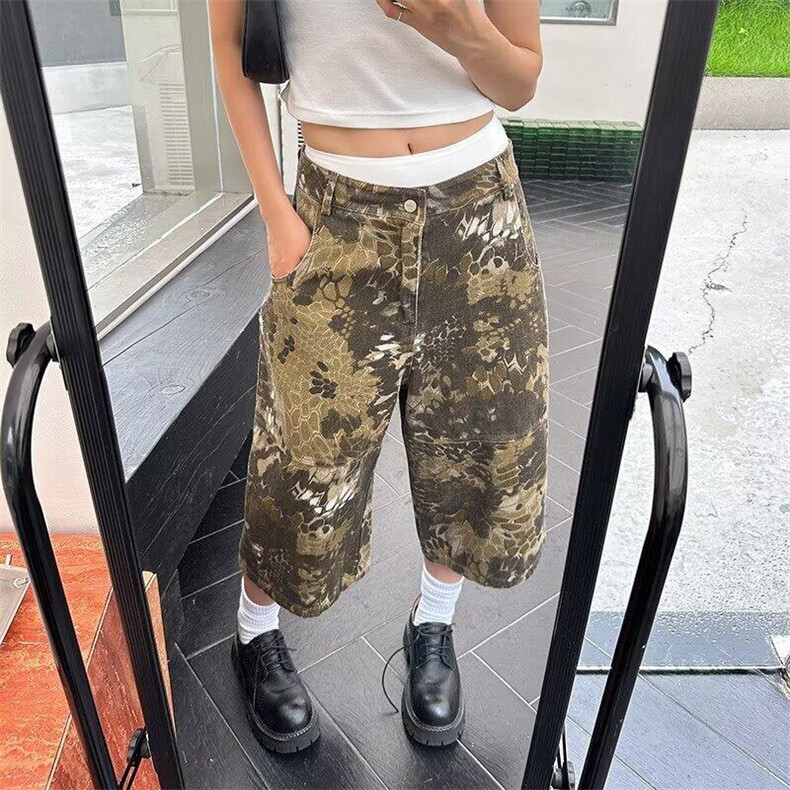 蛇纹迷彩短裤嘻哈废土水洗做旧牛仔裤男女新款休闲短裤DK4102-p45图片