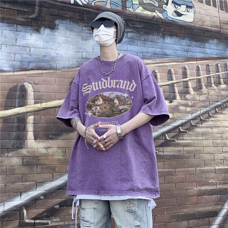 创意印花水洗短袖男夏季美式复古T恤ins港风潮流做旧高街,男装T恤,电商C306-1