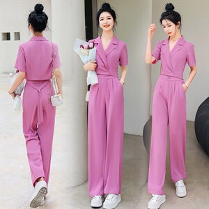 时尚气质紫色两件套装女夏季新款显瘦职业装短袖西服外套阔腿裤,阔腿裤穿搭女外套图片