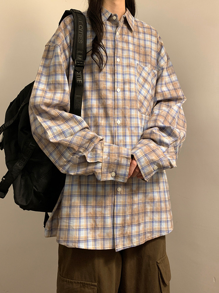 24秋晕染撞色格子衬衫宽松长袖外套男女上衣CS1158-P58控78,男装衬衫,星座1015-1