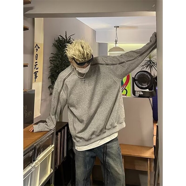 解构双拉链圆领廓形灰色长袖卫衣男休闲W16-P37,男装卫衣,星座1109-4