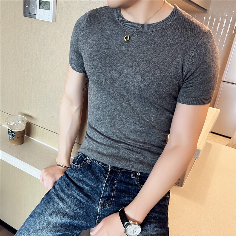 针织衫毛衣男 M02/p40 春夏短袖修身圆领纯色内搭打底衫线衣男图片