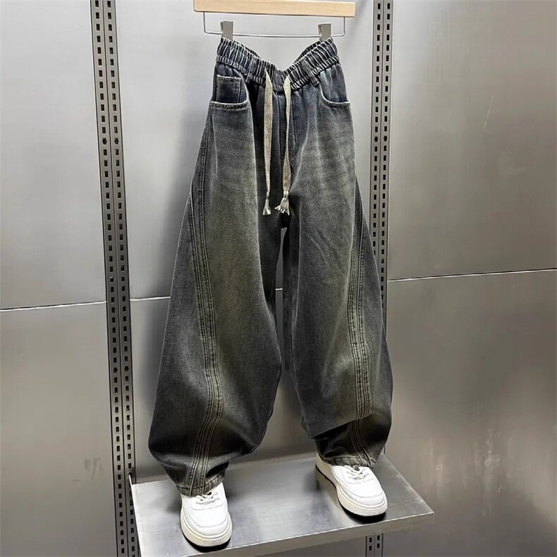 潮牌牛仔裤男美式宽松抽绳直筒休闲长裤KT1231常规P50加绒P58,男装牛仔裤,四季星座505