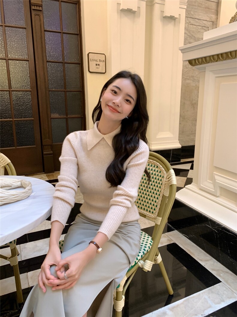 秋冬新款polo领女修身套头纯色上衣针织衫,针织衫/毛衣,玛卡隆羊绒
