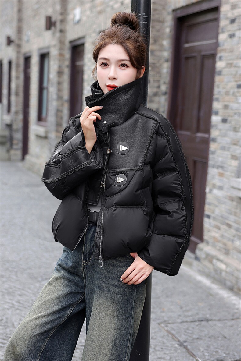 欧货羽绒服女短款2025冬季新韩系小个子仿羊羔毛绒领拼接白鸭绒外套,女装羽绒服,意芙