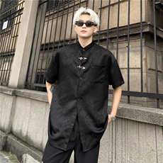 新中式提花高级感百搭宽松轻奢短袖衬衫男潮流透气衬衫痞帅P48，男装衬衫，电商C307