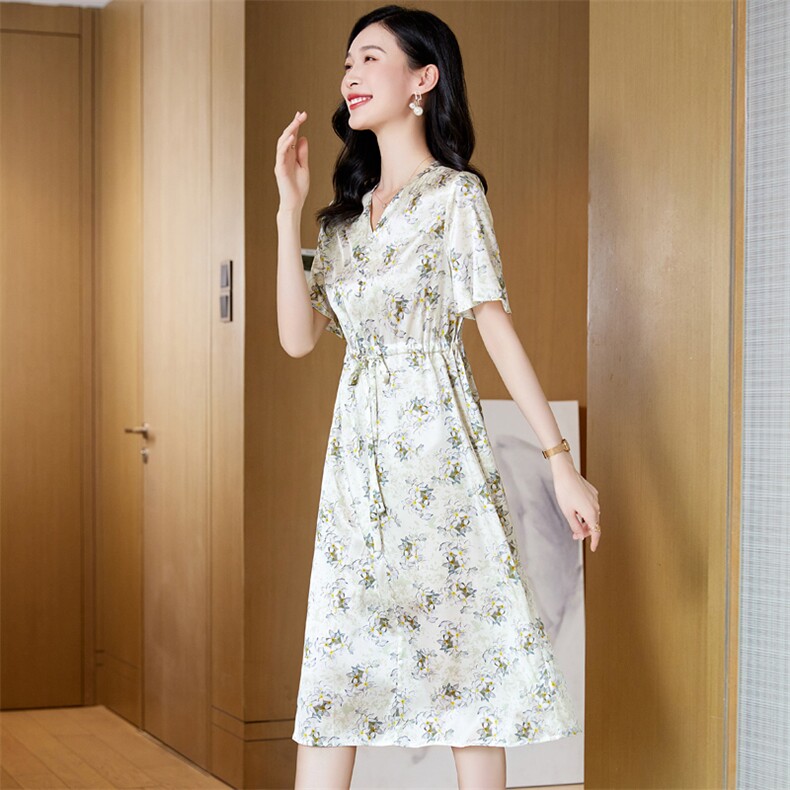 法式气质V领水墨印花连衣裙女2024夏季新款收腰显瘦洋气减龄裙子,女装连衣裙,阿舍尔精品