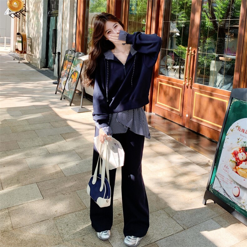 韩系学院风套装女2025秋季新款假两件设计感连帽卫衣阔腿裤两件套,女装套装/套裙,2C198