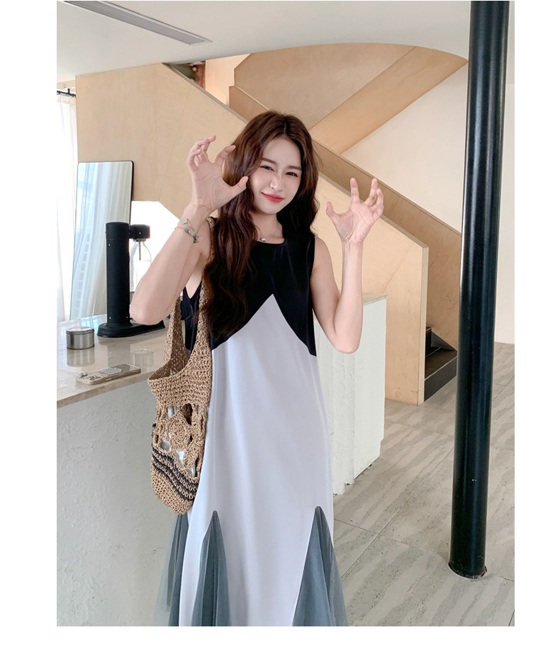 时尚无袖圆领撞色拼接连衣裙,女装连衣裙,2C278