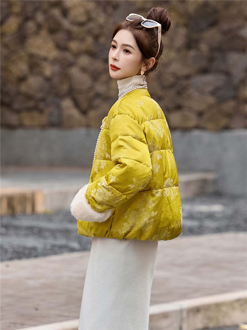 新中式90提花羽绒服2025年冬季新款高级感优雅气质白鸭外套,女装羽绒服,玖莱伊