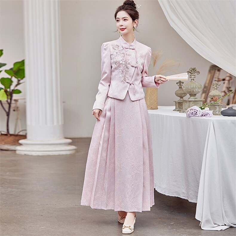 2025新款春秋装复古中国风绣花连衣裙女装礼服气质新中式套装裙,女装套装/套裙,芷墨服饰