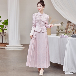 2025新款春秋装复古中国风绣花连衣裙女装礼服气质新中式套装裙图片
