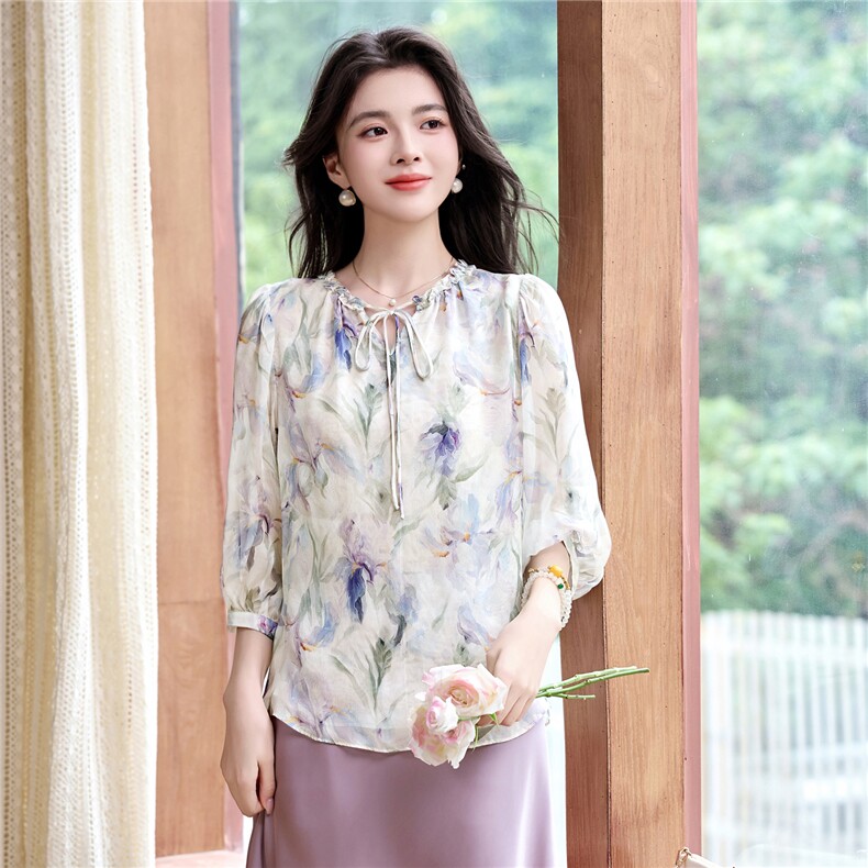 时尚洋气花边领真丝上衣女2025夏装新款七分袖小衫桑蚕丝显瘦衬衣,女装衬衫,阿舍尔精品