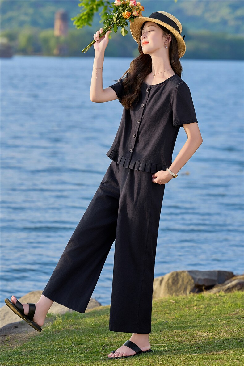 夏季洋气套装薄款透气两件套显瘦减龄上衣裤阔腿裤一整套,女装套装/套裙,妃曼