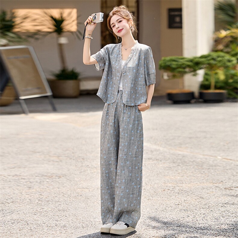 蕾丝拼接波点薄款短袖西装套装裤女夏2026新款超火独特漂亮两件套,女装套装/套裙,美沁