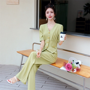 短袖西装阔腿裤两件套女2025夏新款洋气减龄气质干练职业西服套装图片